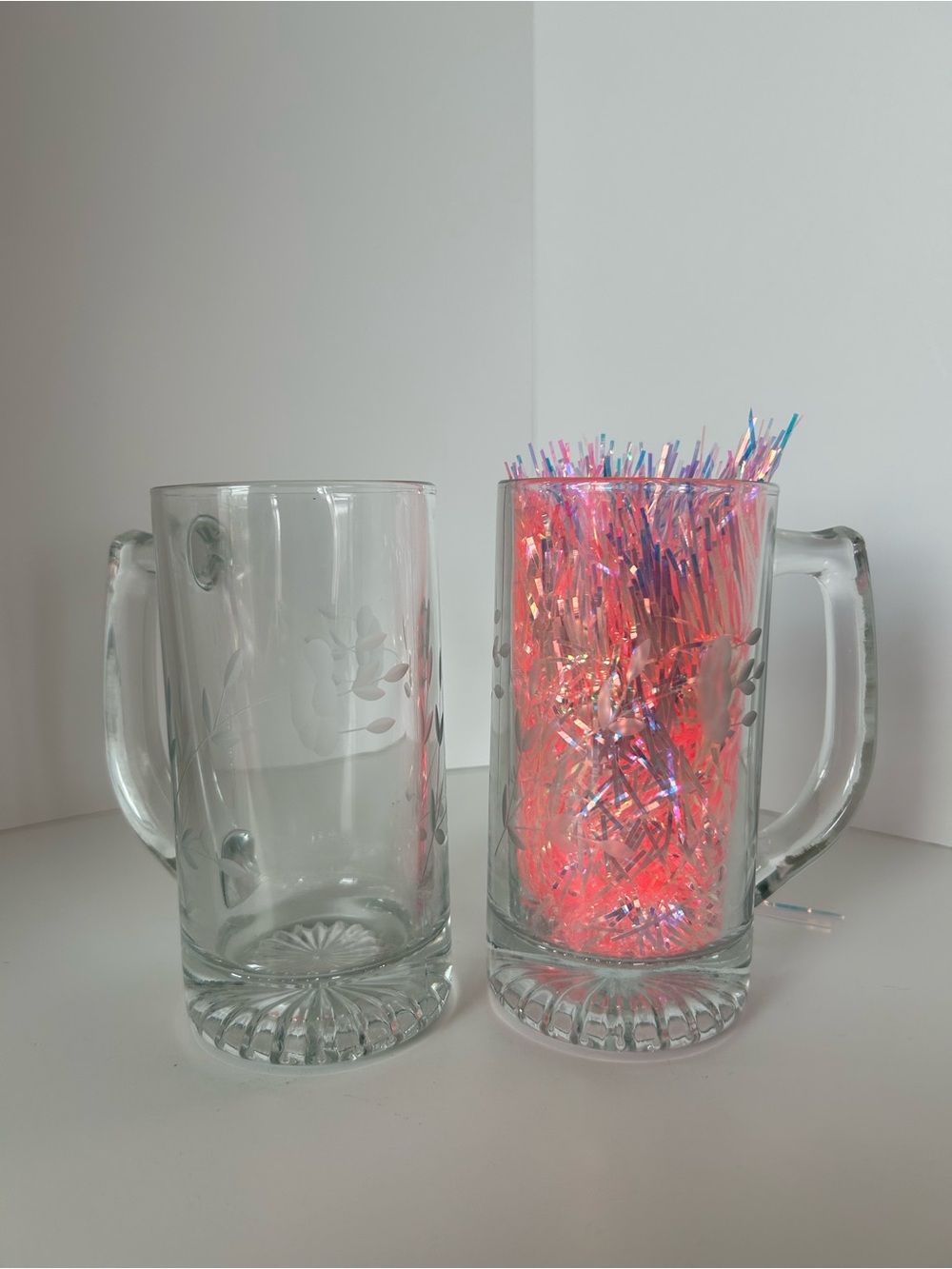 Princess House Heritage design Etched Glass Beer Mugs - Clear set of 2